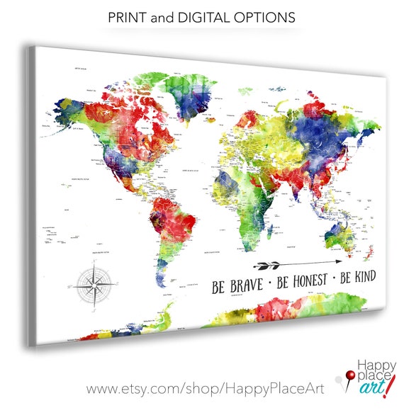 Brightly Colored World Map, Push Pin Map of the World Primary Colors, Large Detailed Map, Canvas Poster or Framed Map for Kids Map-Playroom