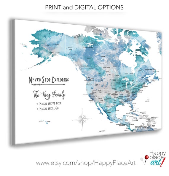 North America and Caribbean Map,  Wife Gift, Anniversary Map, Family RV Travel Map, Push Pin Map of North America, Gift of Family Memories