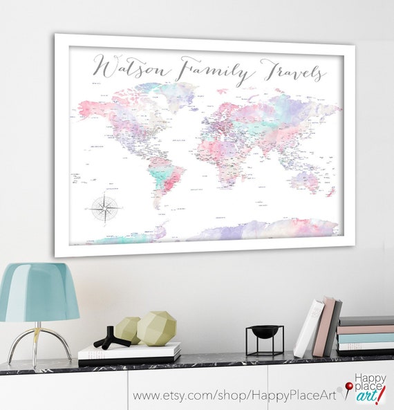 Pin Map of the World, Track Family Travels, Soft Pink Wall Art, Large World Map, Watercolor Wall Art for Bedroom, Family Adventure TravelMap