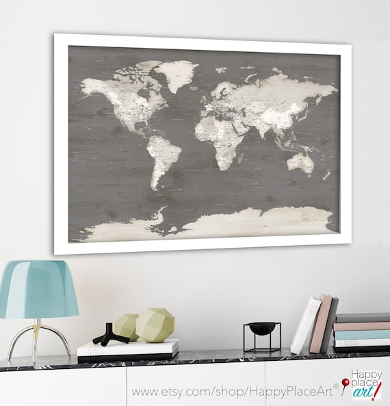 Personalize World Map Idea for Gift, World Map Gray White Wash Timber Look, Pin Map For Traveller, Neutral Framed Wall Art Map Print Option