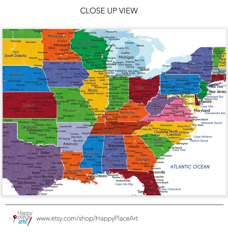 Detailed USA map with cities, and states labels. US map print with city names and state names added. Neutral colors. Push pin map idea image 6