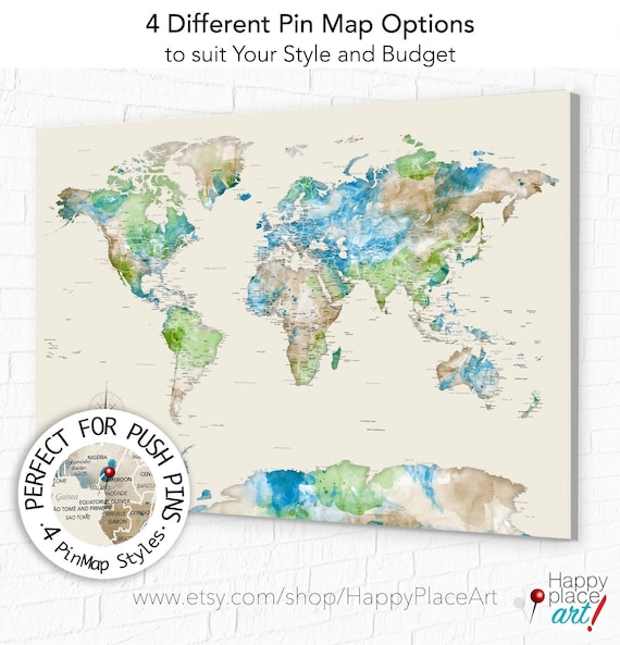 World Map Push Pin, Detailed with Cities, Neutral Large Wall Art Map Canvas, Print or Framed, Custom Title, Personalize map poster for free,