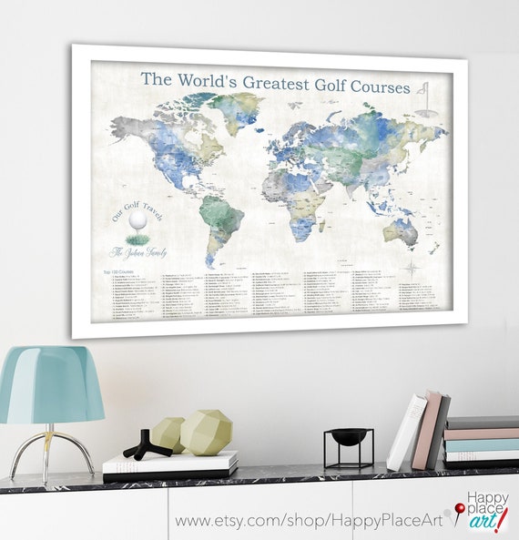 Top Golf Courses World Map. Push Pin Golf Quest Map, Mark Golfing Travels, Personalization for Golfers, Large Print, Retirement Golf Gift