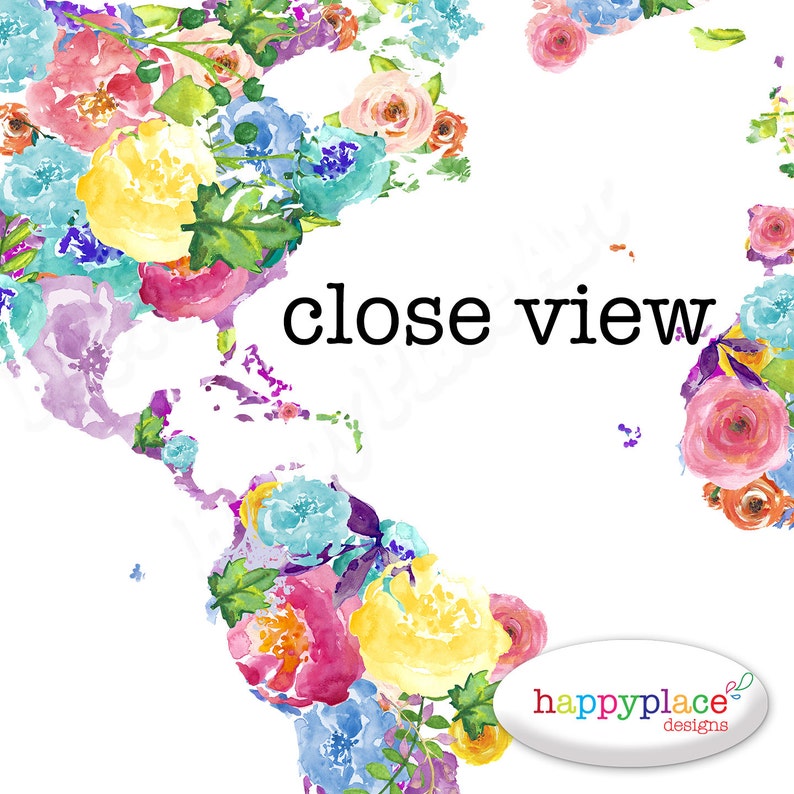 Large Watercolor Flower World Map, Feminine Art Print World Map Poster ...
