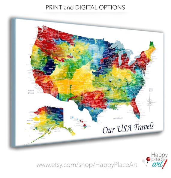 Detailed City and State Names on Map of USA for push pins, USA Travels, Art Gift for Traveler us Wall Map Poster USA Map Print for children