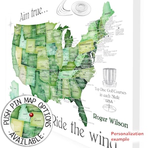 Personalized Push Pin Map of Disc Golf Courses in USA, Top Disc Golfing Locations in each State in US, Sports Crazy Disc Golfer Gift for Dad
