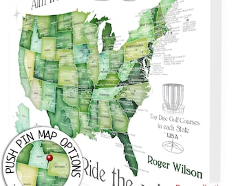 Personalized Push Pin Map of Disc Golf Courses in USA, Top Disc Golfing Locations in each State in US, Sports Crazy Disc Golfer Gift for Dad