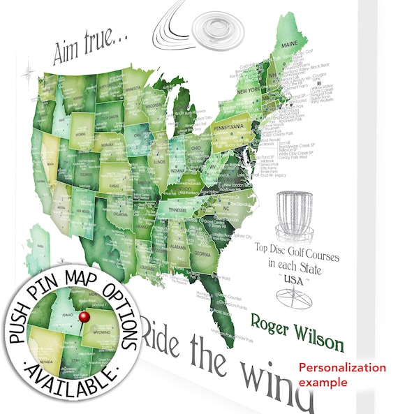 Personalized Push Pin Map of Disc Golf Courses in USA, Top Disc Golfing Locations in each State in US, Sports Crazy Disc Golfer Gift for Dad