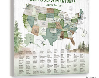 Disc Golfer Gift, Personalized Top USA Disc Golf Courses Push Pin Map Canvas, Best Disc Golf Locations in each State for Disc Golf Player