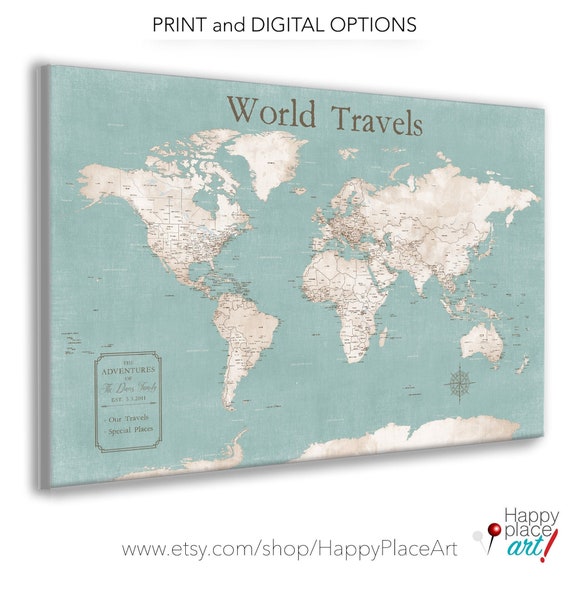 Push Pin Map of the World to Pin Travels. Personalize with a Custom Key Wording, Map Journal Travels, Anniversary Gift for Her World Canvas