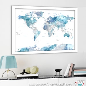 Soft color Print, Highly detailed map, Cities and state names, Subtle, watercolor world map, Blue and Gray, Push Pin Map, Canvas print map image 6