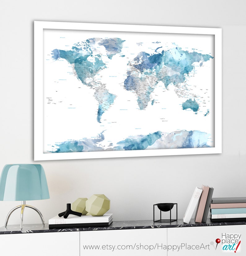 Soft color Print, Highly detailed map, Cities and state names, Subtle, watercolor world map, Blue and Gray, Push Pin Map, Canvas print map image 6