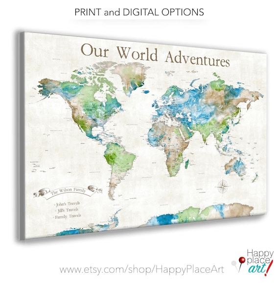 Family Adventure map, Personalized World Map Print, Push pin map of the world, Or Map of the World Canvas. Custom Key Legend Family Travels