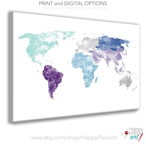 Large World Map Wall Art Poster, Aqua and Purple Wall art, Watercolor Map Print or Download a Printable File. Canvas watercolor map art