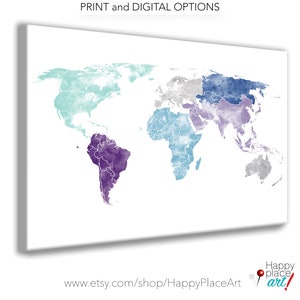 Large World Map Wall Art Poster, Aqua and Purple Wall art, Watercolor Map Print or Download a Printable File. Canvas watercolor map art