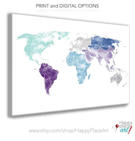 Large World Map Wall Art Poster, Aqua and Purple Wall art, Watercolor Map Print or Download a Printable File. Canvas watercolor map art