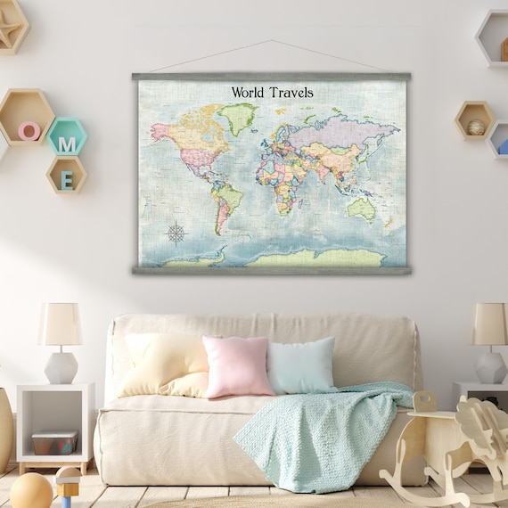 Vintage Style World Map Wall, Map of the World Hanging Canvas, Personalized Travel Anniversary Gift for Wife Push Pin Map Family Adventures,