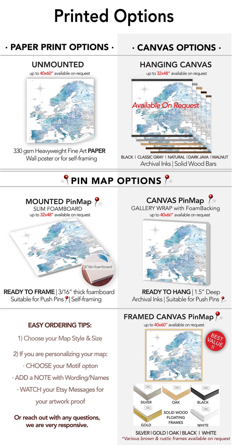 Europe Map for Push Pins, European Travel Canvas Pinmap or Vacation ...