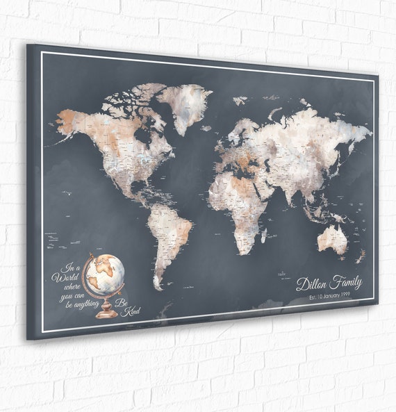 Personalized Map Gift for Family, Travel Push Pin World Map of the World. Framed or Poster Map to Pin Adventures, Neutral Colors Wall Art