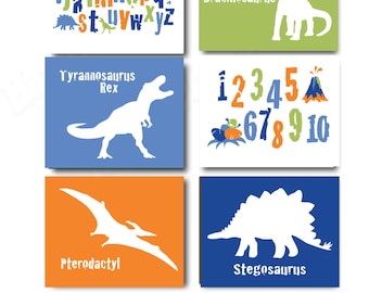 Boys Bedroom Dino Prints - Dinosaur Alphabet Printable Wall Art for Child's Bedroom or Nursery withT Rex, Pterodactyl & Stegosaurus Color 3