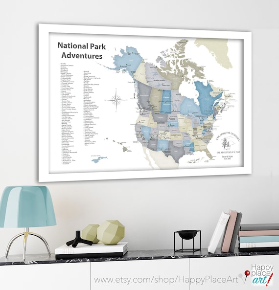 North American National Parks map Print or Push Pin maps, List of Parks, Map for Outdoor Active Family Gift, Camper Decor, Van Wall Art Map