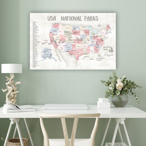 Push Pin USA Map Personalized National Park Canvas, Travel Gift Print with Personalization, United States Adventures Push Pin Wall Map Art