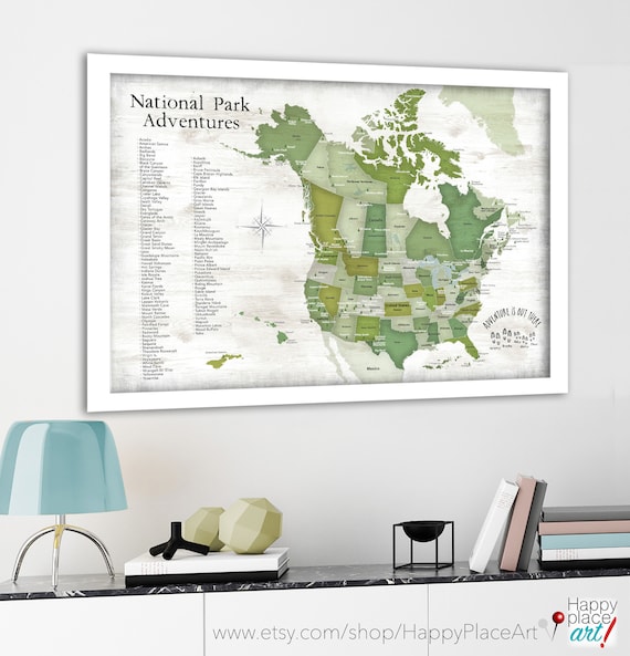 Push Pin Map North American National Parks Map Poster, Canvas, Print or Push Pin Park Map, Personalized Hiker Gift, Camper Wall Art Park Map