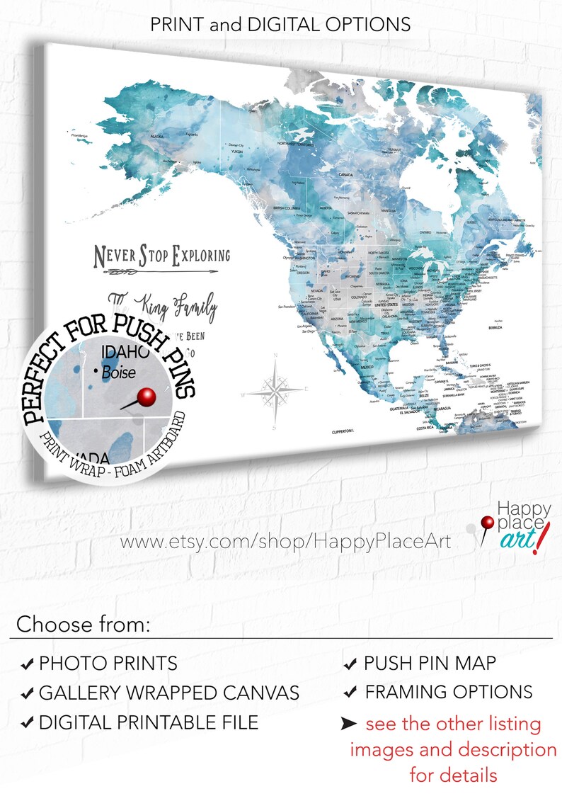 North America and Caribbean Map, Wife Gift, Anniversary Map, Family RV Travel Map, Push Pin Map of North America, Gift of Family Memories image 7