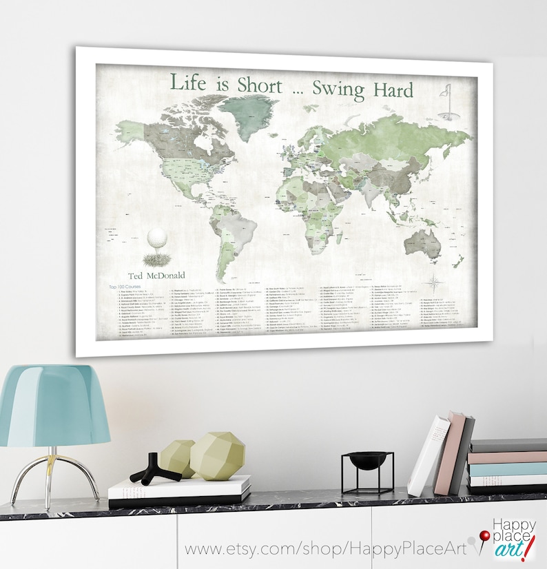 Push Pin Map of World Top 100 Golf Courses, Anniversary gift for wife, Personalized golf gift for husband, Golfing couple. Golfers pin map image 4