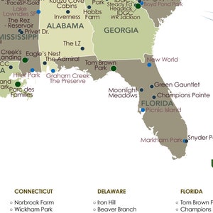 May include: A detailed map of the southeastern United States, highlighting parks and recreational areas. States like Alabama, Georgia, and Florida are visible, with place names such as Tom Brown Park and Moonlight Meadows. The map uses a muted color palette.