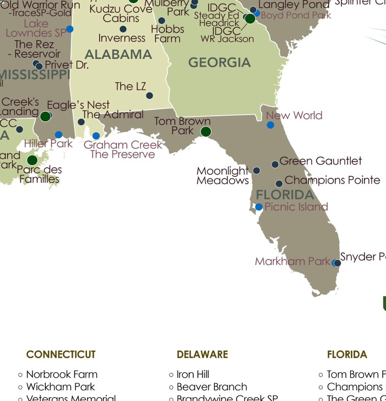 May include: A detailed map of the southeastern United States, highlighting parks and recreational areas. States like Alabama, Georgia, and Florida are visible, with place names such as Tom Brown Park and Moonlight Meadows. The map uses a muted color palette.