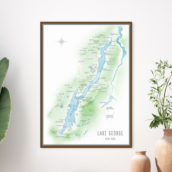 Lake George Map New York Adirondacks Lake House Home Wall Art Decor, Upstate NY Hiker Gift, Canvas or Framed Personalized Lake Print Map