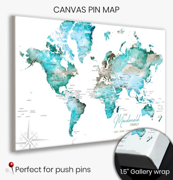 Personalized World Push Pin Map, Small Travel Map Gift, Turquoise and Gray Wall Map for Family, Names & Map Key for Pins, Framed Travel Map