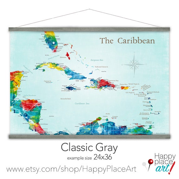 Any Title - Personalized Sailing Map, Detailed Caribbean Map, Gift Traveling friend, Office Wall Map, Canvas map, Caribbean Cities & Islands