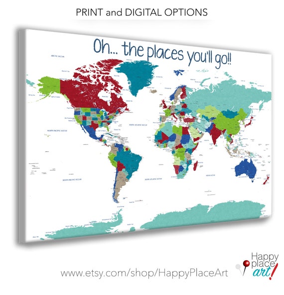 Educational Map Print, Bright colours, Push Pin world map with quote, World map for boy, He's Going Places World Map, Adventure Awaits