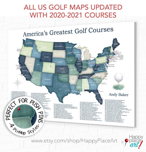 Top 100 Golf Courses Map of USA, Gift for Dad, Personalized Golf-themed Canvas Print or Push Pin Map. Golfing Bucket List Map.