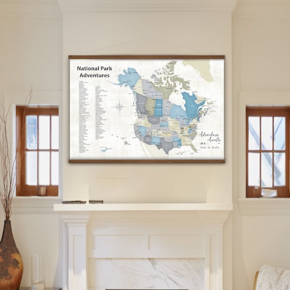 Road Trip Map, USA and Canada Canvas Wall Map, Parks of North America, Personalization and Free Shipping, Happy Place Art Rustic Wall Map