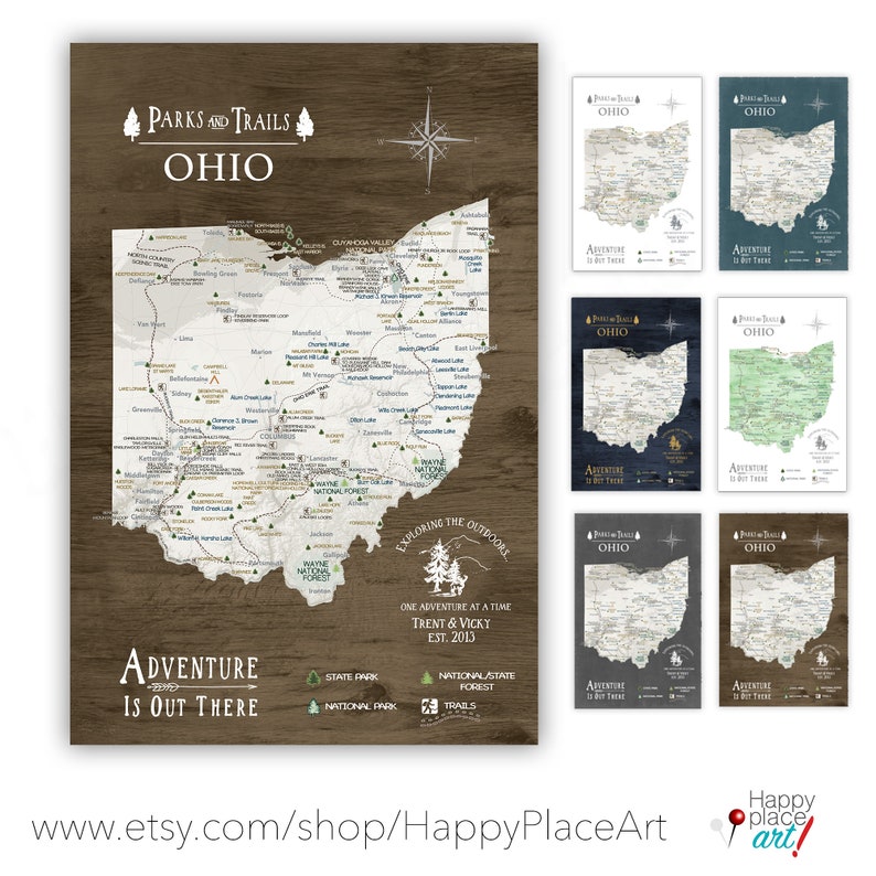 Ohio State Map Office Wall Art, Gift for Hiker, Active outdoor Adventures in Ohio, State Park List Optional Personalization Push Pin Map imagem 9