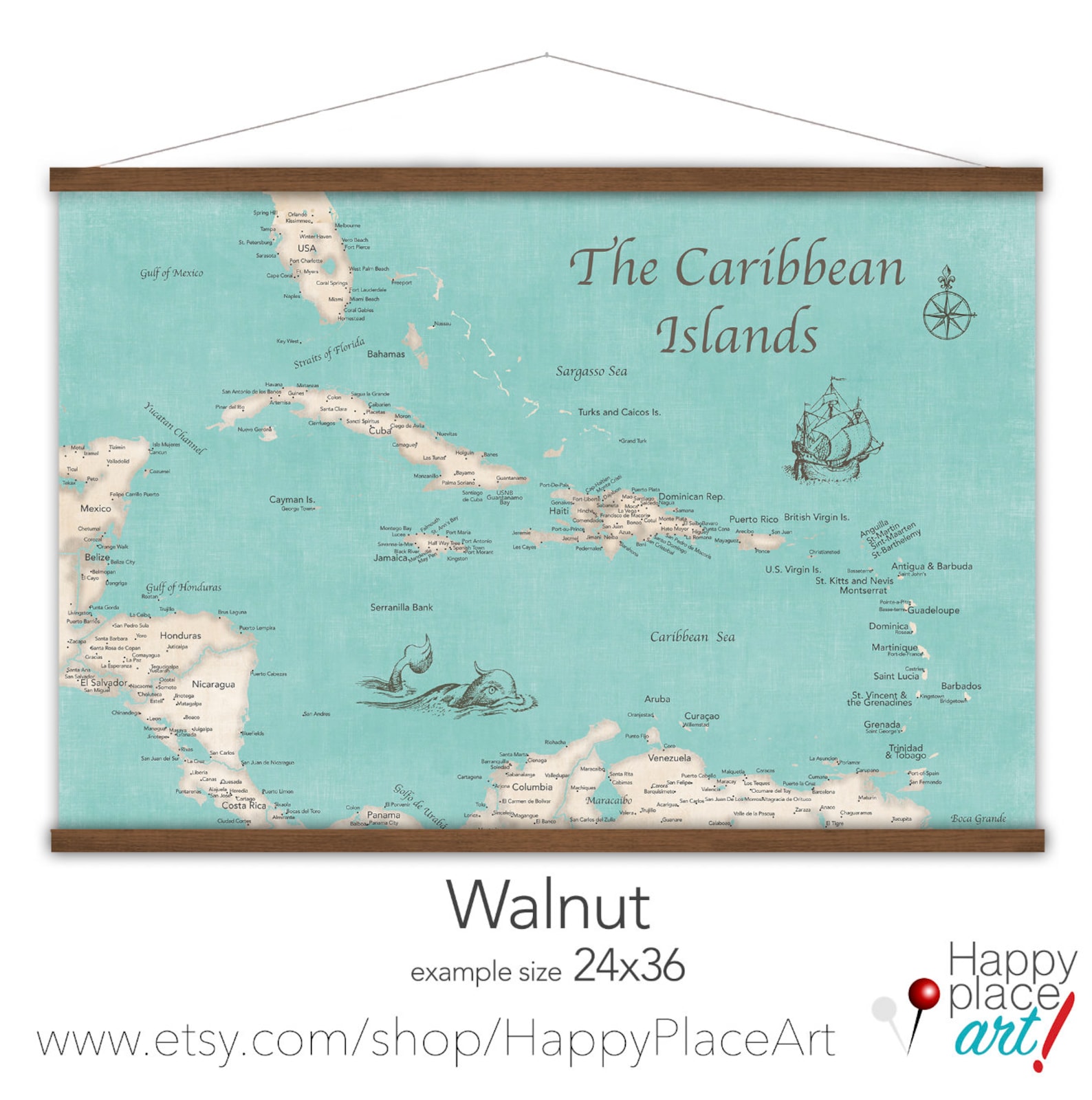 Mapa grande del Caribe Mapa de la isla de lienzo colgante Etsy España