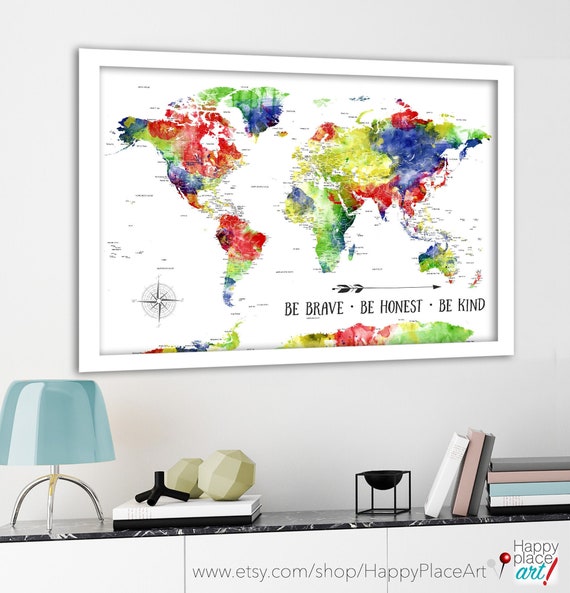 Colorful Watercolor Style Push Pin World Map Canvas, Personalized Digital Download Map, or Kids Poster Print Bright Wall Map of the World