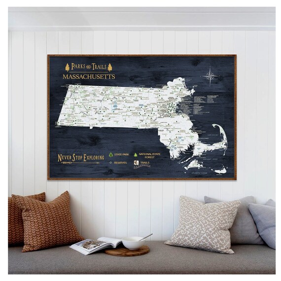 Personalized Massachusetts Map, Push Pin Map of MA, Walking Trails Map, State Parks USA List, Hiking Trails Canvas Map, Gift for Family Gift