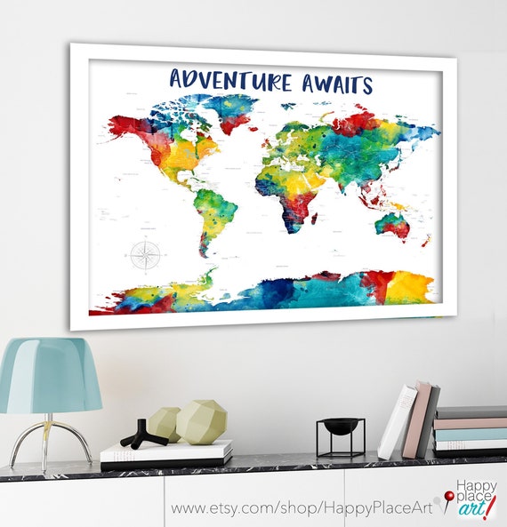 Personalized Family Gift, Brightly Colored World Map, Push Pin Map of World, Gift for Boyfriend, Travelling Gift Wanderlust Travel Lover