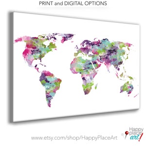 Funky World Map, Pink and purple World map. Bright color World Map Poster, Teen Print, Dorm Wall art. Large Pin Travel Map, Gift for travel