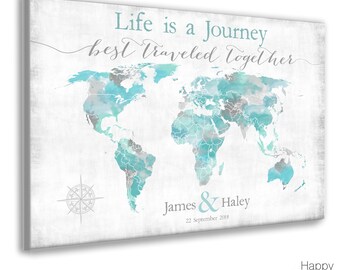 Life is a Journey Personalised Anniversary Gift with Date, Names, Own Words, Large Push Pin map of the World Map for Pins, Travel Map Aqua