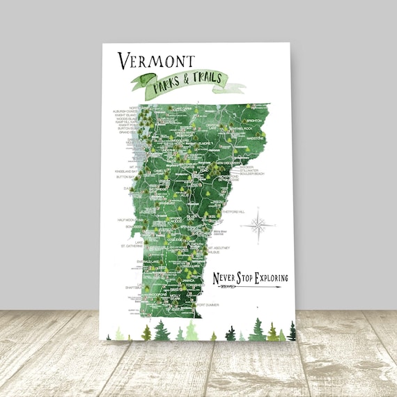 Vermont Hiking Trails & State Parks of VT, Personalized Vermont Map, Canvas or Push Pin Map for New England Mountain Hikers, VT Map Print