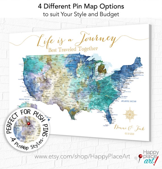 USA Travel Map for Push Pins, Wall Art Map of United States, Personalized with Names, Large US map, Framed, Poster. Canvas or Download Map