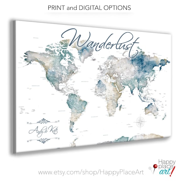 Wanderlust Push Pin Map, Canvas or Print. Any Tile, Custom Wording World Map, Personalized Legend, Gift for Couple, Travel Map for A Family