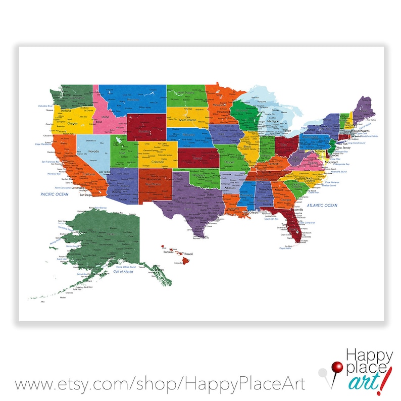Detailed USA map with cities, and states labels. US map print with city names and state names added. Neutral colors. Push pin map idea image 10