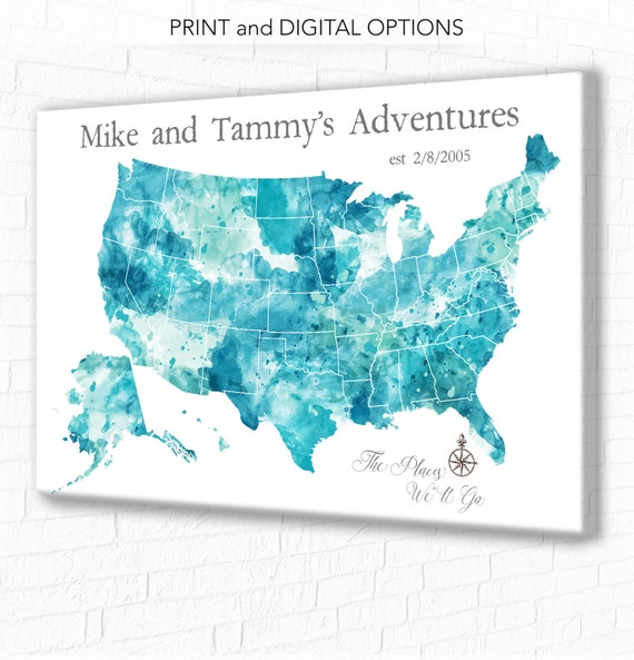 Large USA Push Pin Map, Canvas, Poster or Digital Download, Turquoise Watercolor USA map. Incl Free Personalized Names, Quote or Map Legend