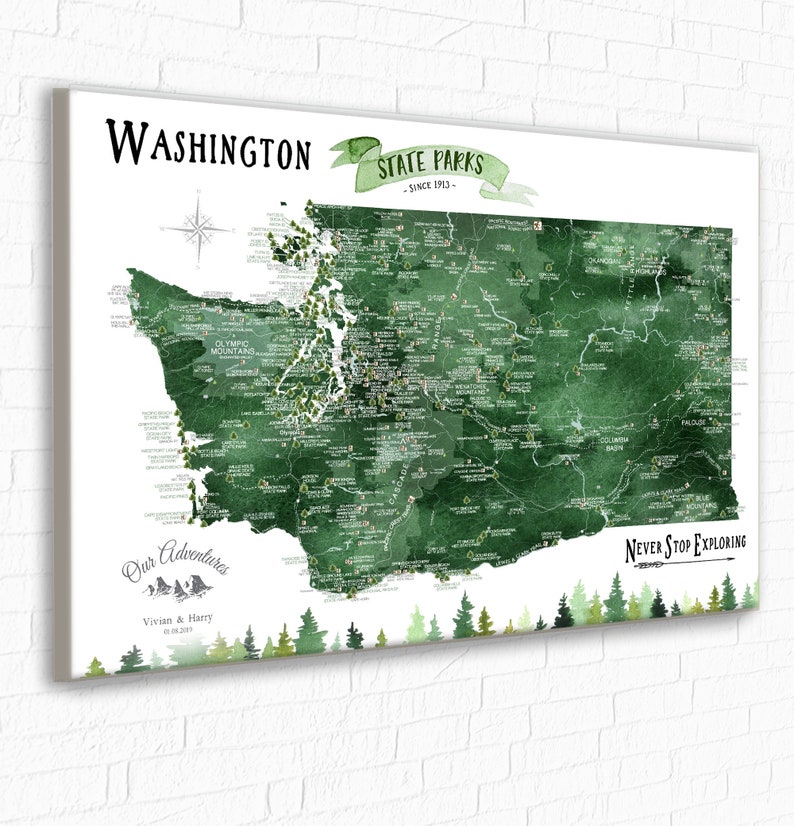 Washington State Parks and Hiking Trails Map, WA map Hiking Gift, State Park Checklist for Washington Parks, WA Push Pin Map PinBoard Gift image 4